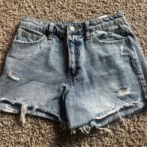 High-Rise Distressed Denim Shorts - Light Blue